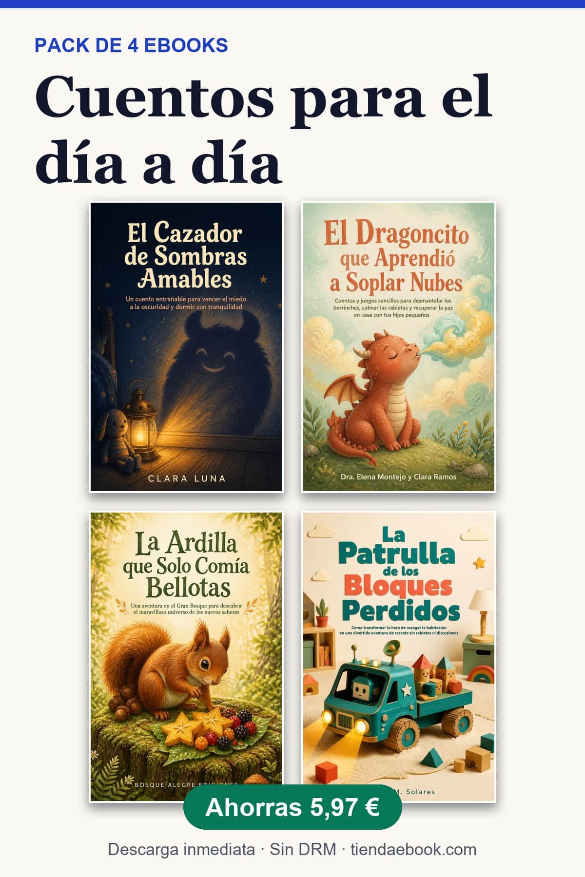 Portada del pack cuentos infantiles con las portadas de los 4 ebooks incluidos