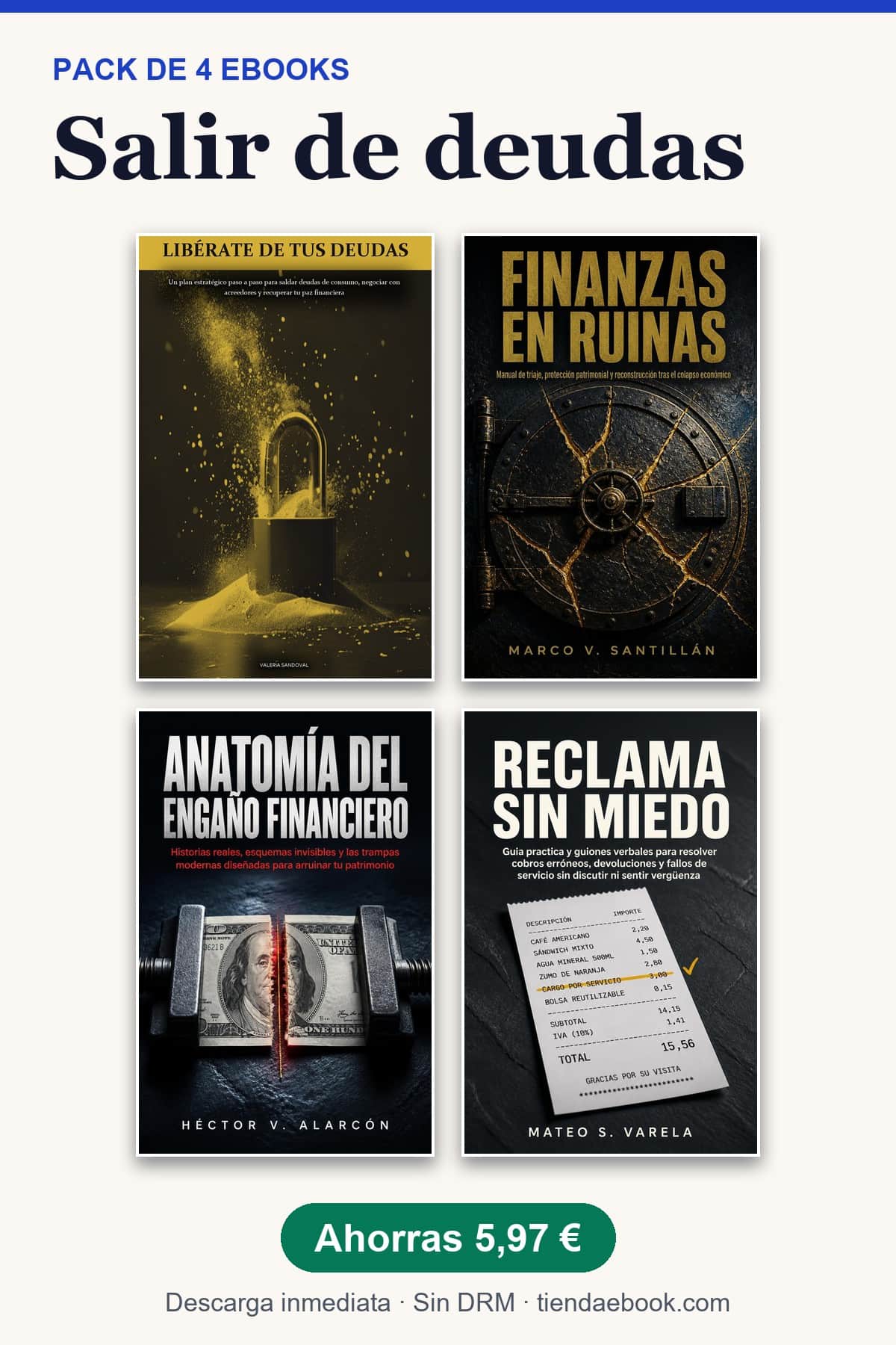 Portada del pack salir de deudas con las portadas de los 4 ebooks incluidos