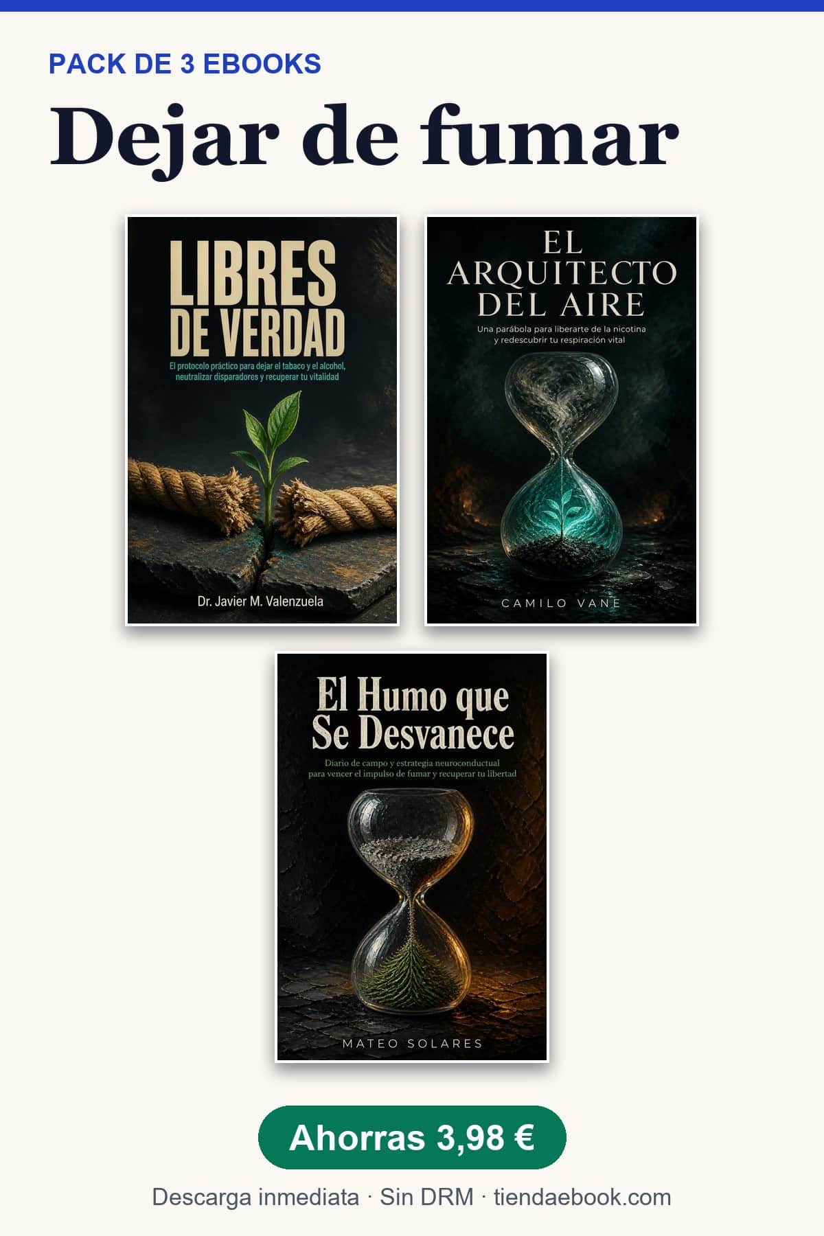 Portada del pack dejar de fumar con las portadas de los 3 ebooks incluidos