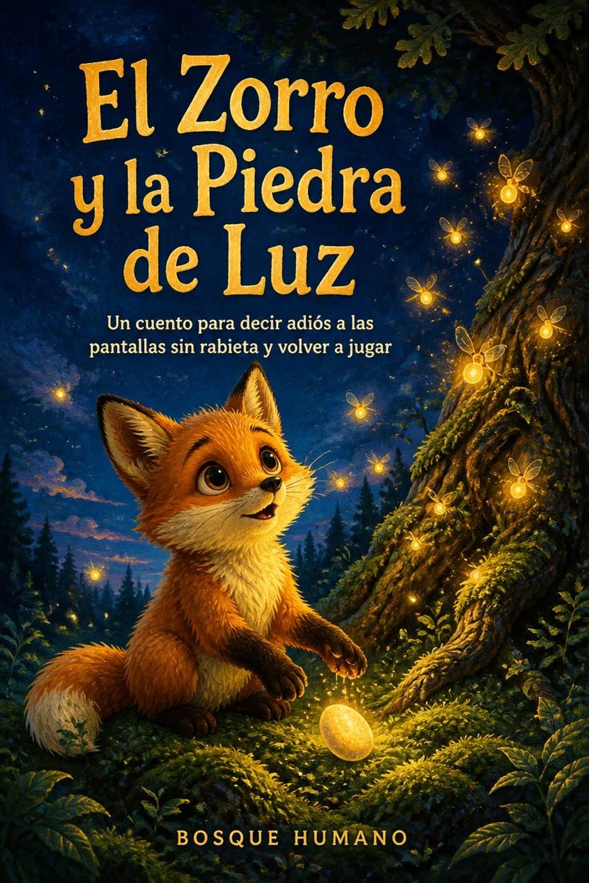 Portada de El Zorro y la Piedra de Luz, cuento infantil sobre pantallas en niños