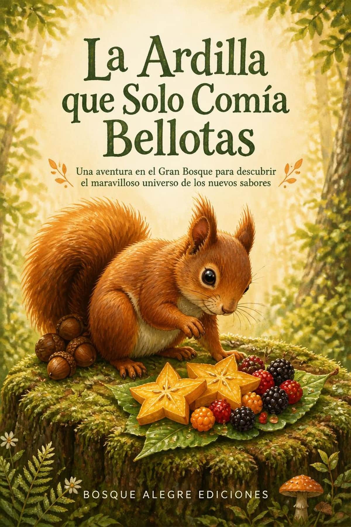 Portada de La Ardilla que Solo Comía Bellotas, cuento sobre probar comidas nuevas niños