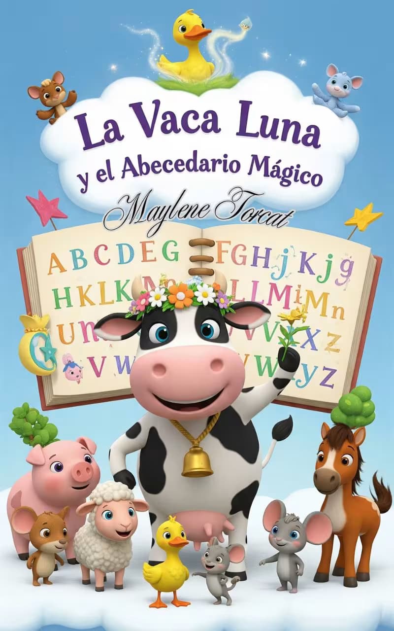 Portada del ebook La Vaca Luna y el Abecedario Mágico, de Maylene Torcat. Muestra a una vaca negra y blanca con una corona de flores, cuento infantil abecedario