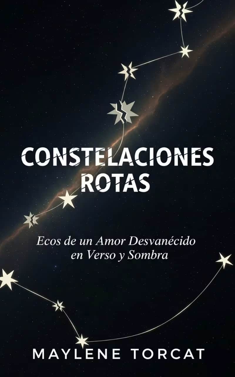 Portada del ebook Constelaciones Rotas, de Maylene Torcat. La imagen muestra una galaxia con constelaciones que parecen estar desfragmentándose o rotas, con un estilo melancólico y artístico que refleja los temas de amor perdido, duelo y poesía