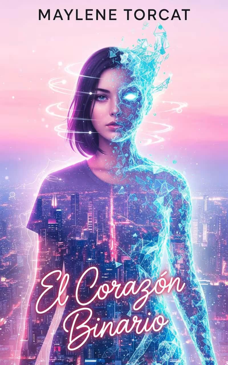 Portada del ebook El Corazón Binario, de Maylene Torcat, que muestra una figura femenina con un lado humano y el otro compuesto de circuitos y luz digital, sobre un fondo de ciudad con tonos pastel.