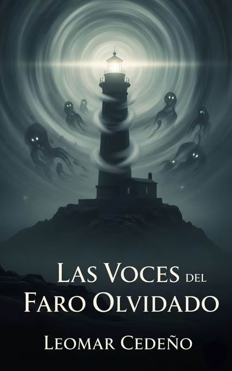 Portada del ebook Las Voces del Faro Olvidado de ficción paranormal, que muestra un faro antiguo en la costa durante una noche de tormenta.