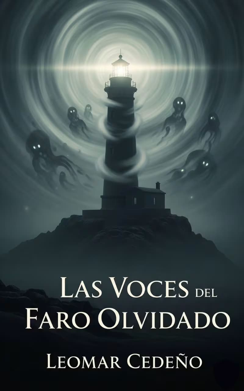 Portada del ebook Las Voces del Faro Olvidado de ficción paranormal, que muestra un faro antiguo en la costa durante una noche de tormenta.