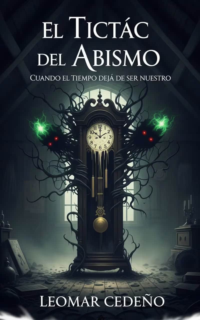 ebook de terror Portada del ebook El Tictac del Abismo, que muestra la silueta de un rostro en la oscuridad con un reloj de arena superpuesto, y un tono sombrío y desolador.