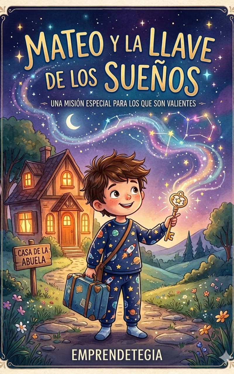 Portada del cuento infantil "Mateo y la llave de los sueños" de Emprendetegia, que muestra a un niño con pijama de astronauta y maleta azul frente a una casa mágica bajo un cielo estrellado.