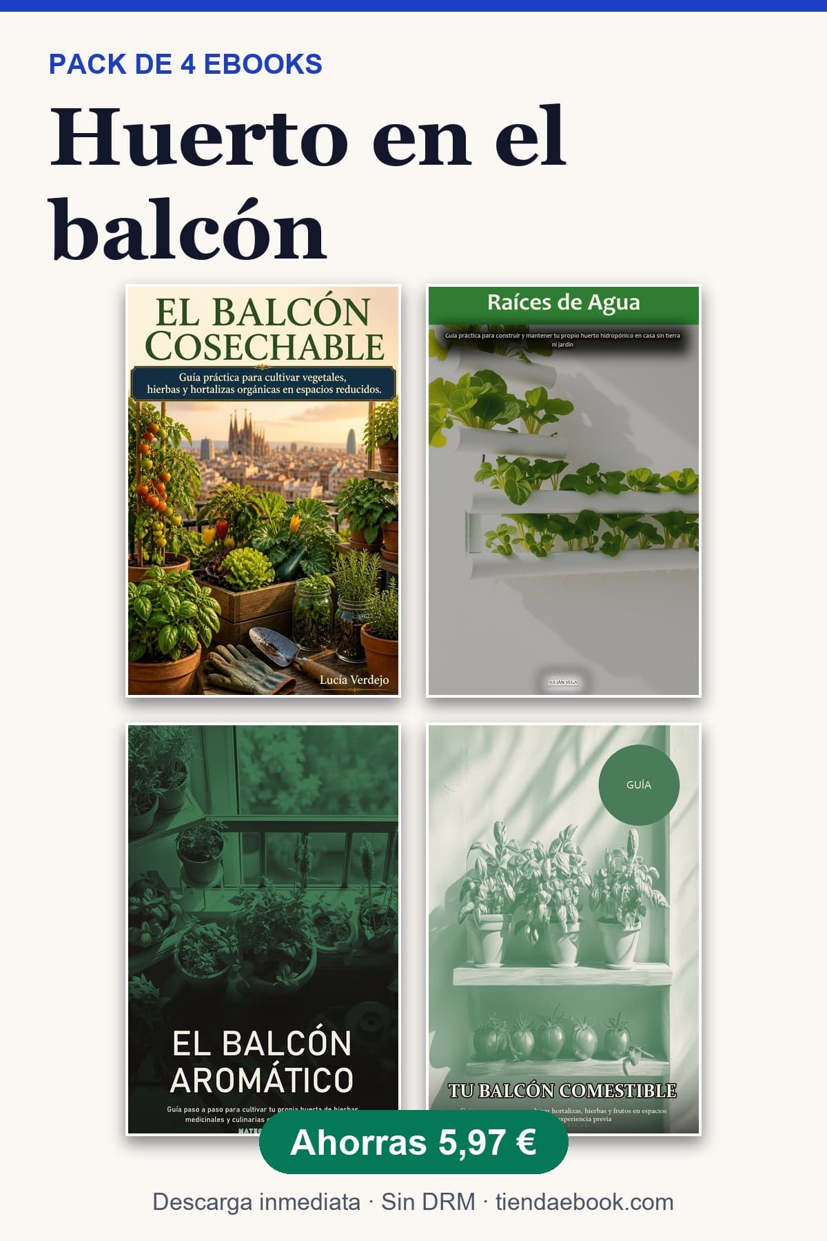 Portada del pack huerto en el balcón con las portadas de los 4 ebooks incluidos