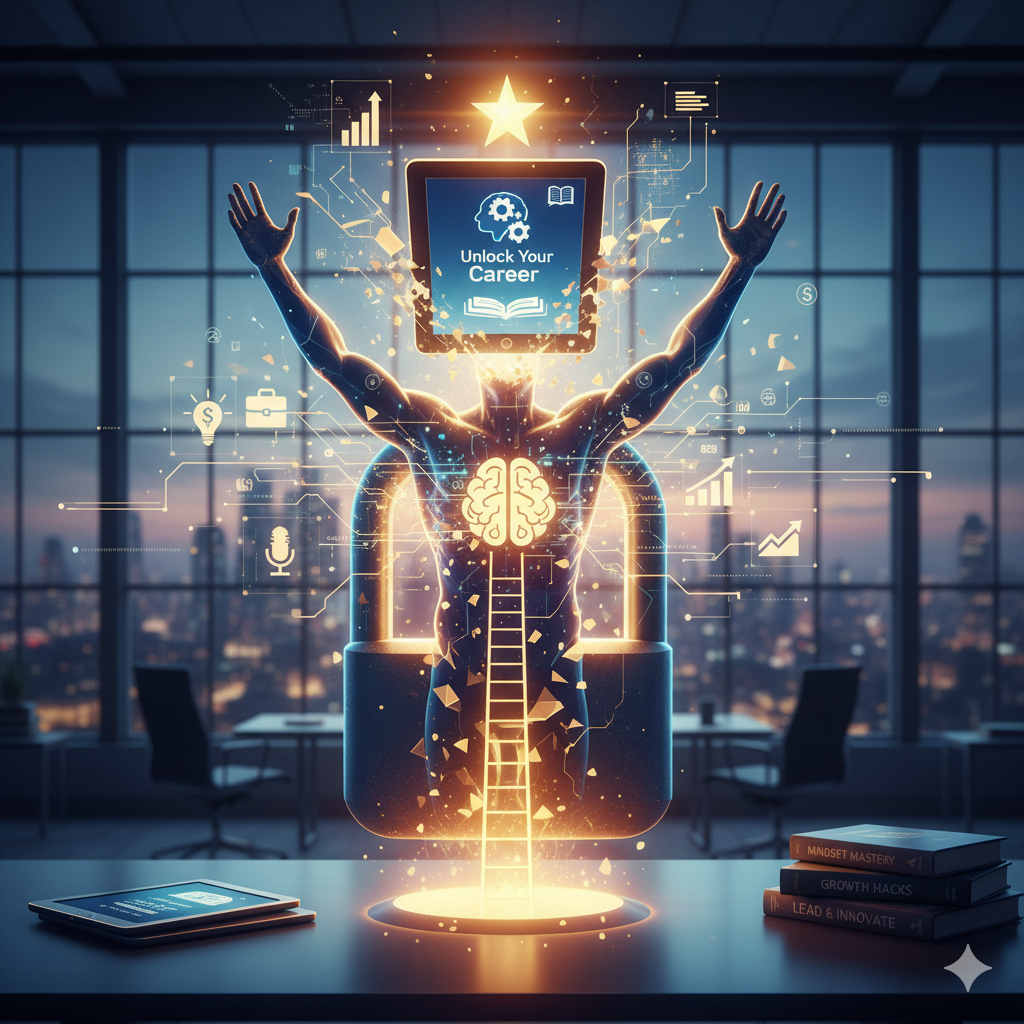 Figura humana abstracta de luz dorada emergiendo de un candado digital abierto, con los brazos alzados en señal de triunfo y una tablet en la cabeza mostrando "Unlock Your Career" y un icono de engranaje. Alrededor, elementos gráficos de tecnología, finanzas y conocimiento, con libros de desarrollo personal en el escritorio y un paisaje urbano de fondo al anochecer.